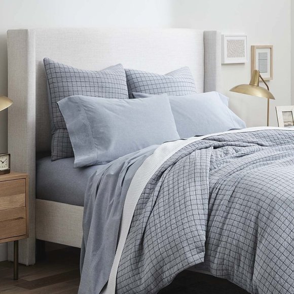 NWT- Boll & Branch Windowpane organic cotton Duvet Set Full/Queen chamber blue